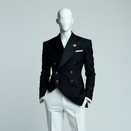 A faceless male model wearing a sharply structured black-and-white suit with exaggerated shoulders and an asymmetrical lapel, showcasing clean lines