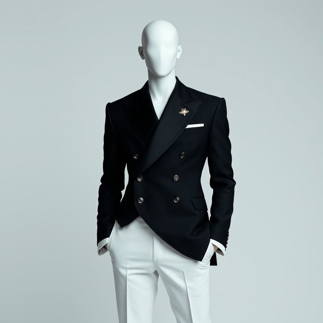 A faceless male model wearing a sharply structured black-and-white suit with exaggerated shoulders and an asymmetrical lapel, showcasing clean lines