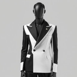 A faceless male model wearing a sharply structured black-and-white suit with exaggerated shoulders and an asymmetrical lapel, showcasing clean lines