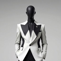 A faceless male model wearing a sharply structured black-and-white suit with exaggerated shoulders and an asymmetrical lapel, showcasing clean lines