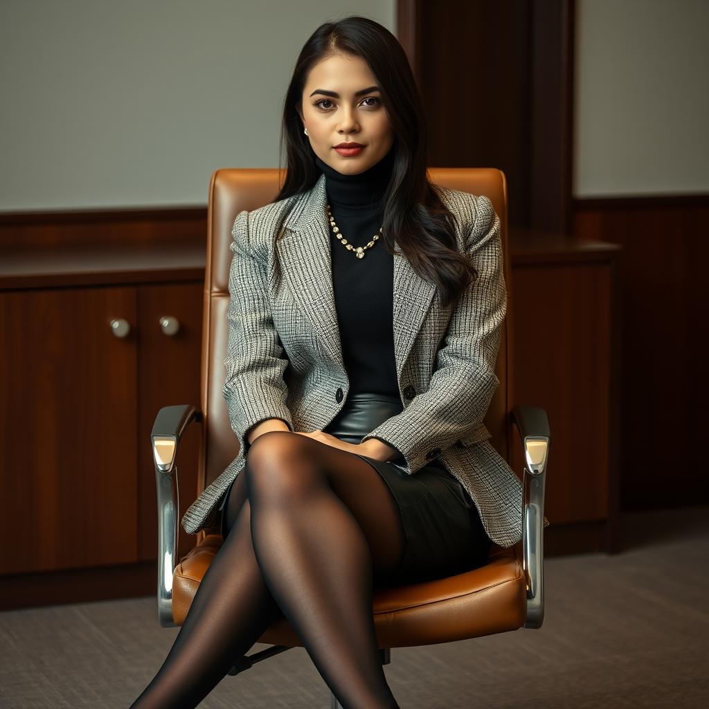 A portrait of a young lawyer seated in an office chair, crossing her legs in a sophisticated posture