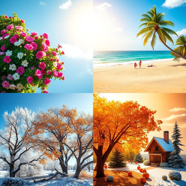 A creative representation of the four seasons divided into four distinct sections, each illustrating a different season