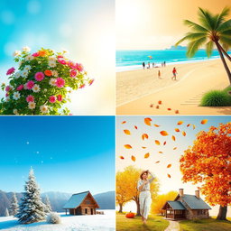 A creative representation of the four seasons divided into four distinct sections, each illustrating a different season