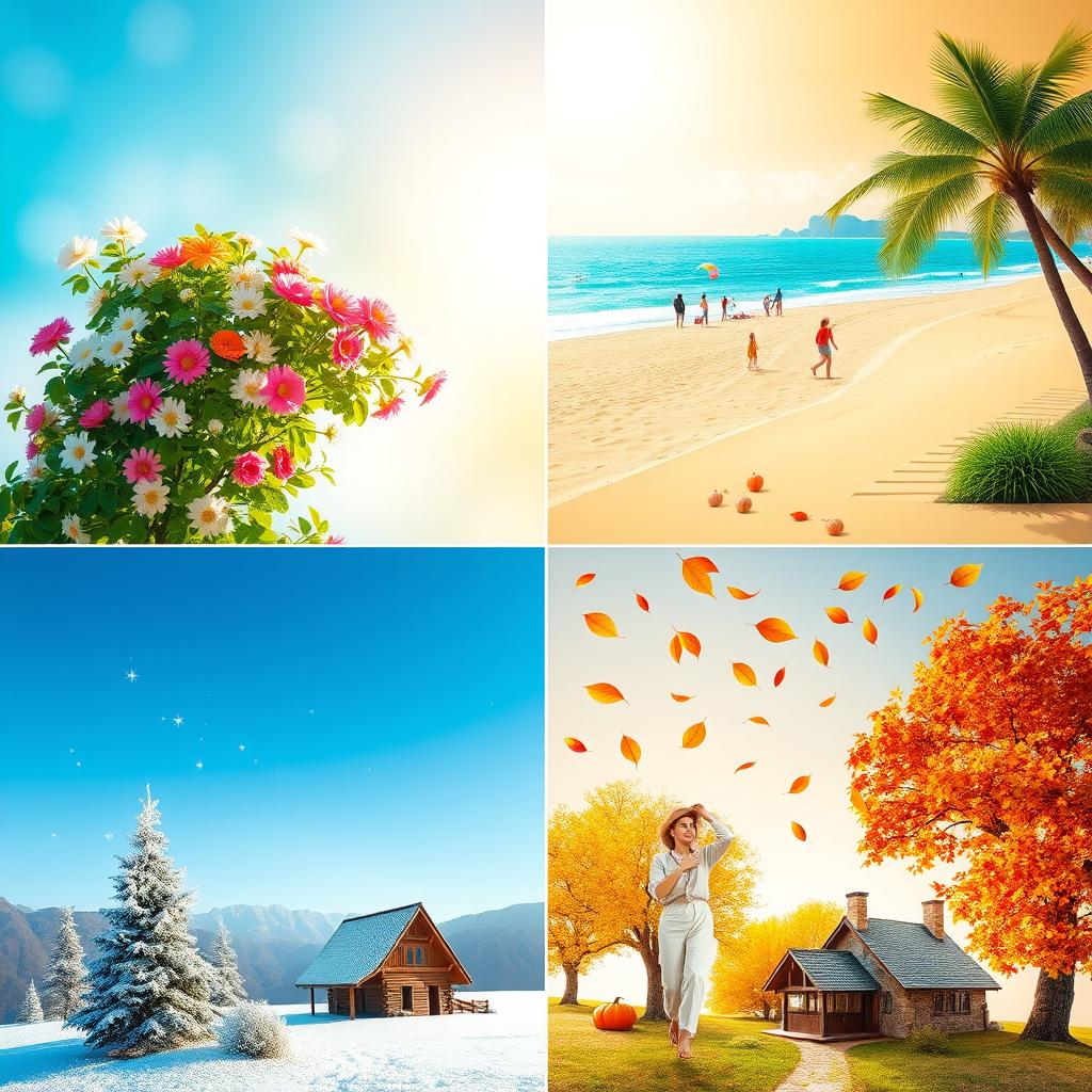 A creative representation of the four seasons divided into four distinct sections, each illustrating a different season