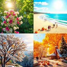 A creative representation of the four seasons divided into four distinct sections, each illustrating a different season