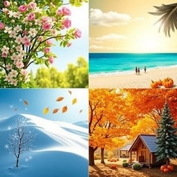 A creative representation of the four seasons divided into four distinct sections, each illustrating a different season