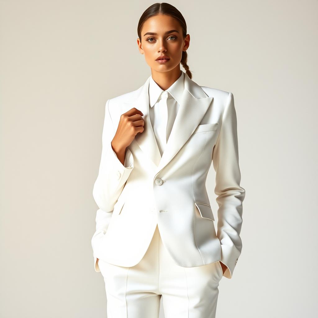 A model wearing a pristine all-white couture suit featuring unexpected fabric contrasts, with smooth satin lapels paired with a structured matte blazer
