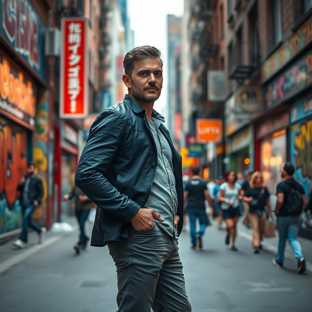 A dynamic scene featuring a shortened man standing confidently in a vibrant urban setting, seamlessly integrated into the background that includes colorful graffiti walls, bustling streets, and a lively crowd