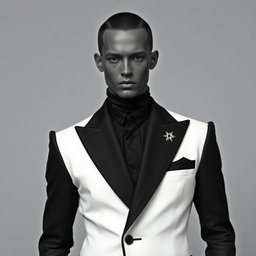 A faceless male model wearing a sharply structured black-and-white suit inspired by the Renaissance era, featuring exaggerated shoulders and an asymmetrical lapel