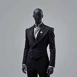 A faceless male model wearing a sharply structured black-and-white suit inspired by the Renaissance era, featuring exaggerated shoulders and an asymmetrical lapel
