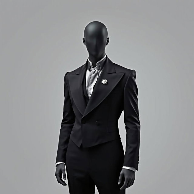 A faceless male model wearing a sharply structured black-and-white suit inspired by the Renaissance era, featuring exaggerated shoulders and an asymmetrical lapel