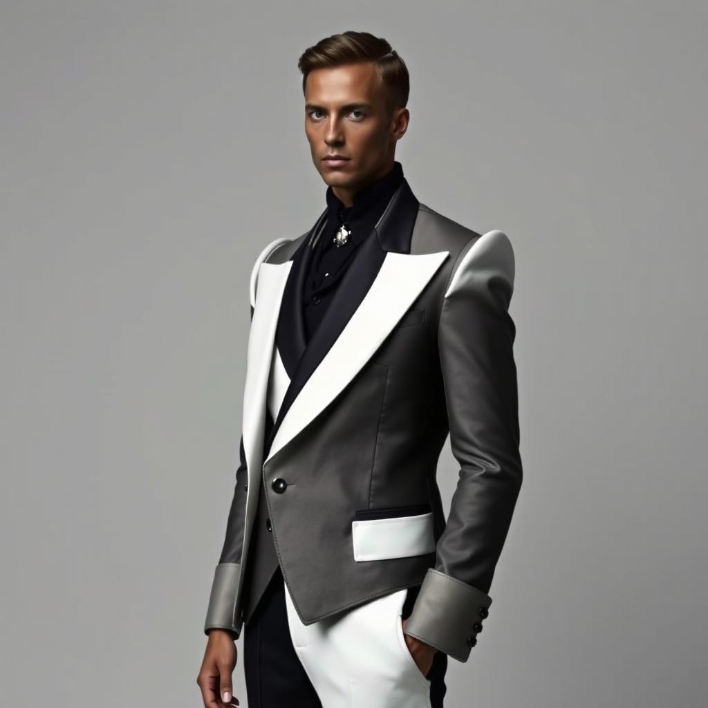 A faceless male model wearing a sharply structured black-and-white suit inspired by the Renaissance era, featuring exaggerated shoulders and an asymmetrical lapel