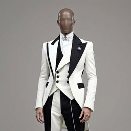 A faceless male model wearing a sharply structured black-and-white suit inspired by the Renaissance era, featuring exaggerated shoulders and an asymmetrical lapel