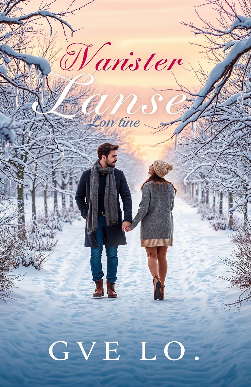 A romantic book cover set in a winter landscape