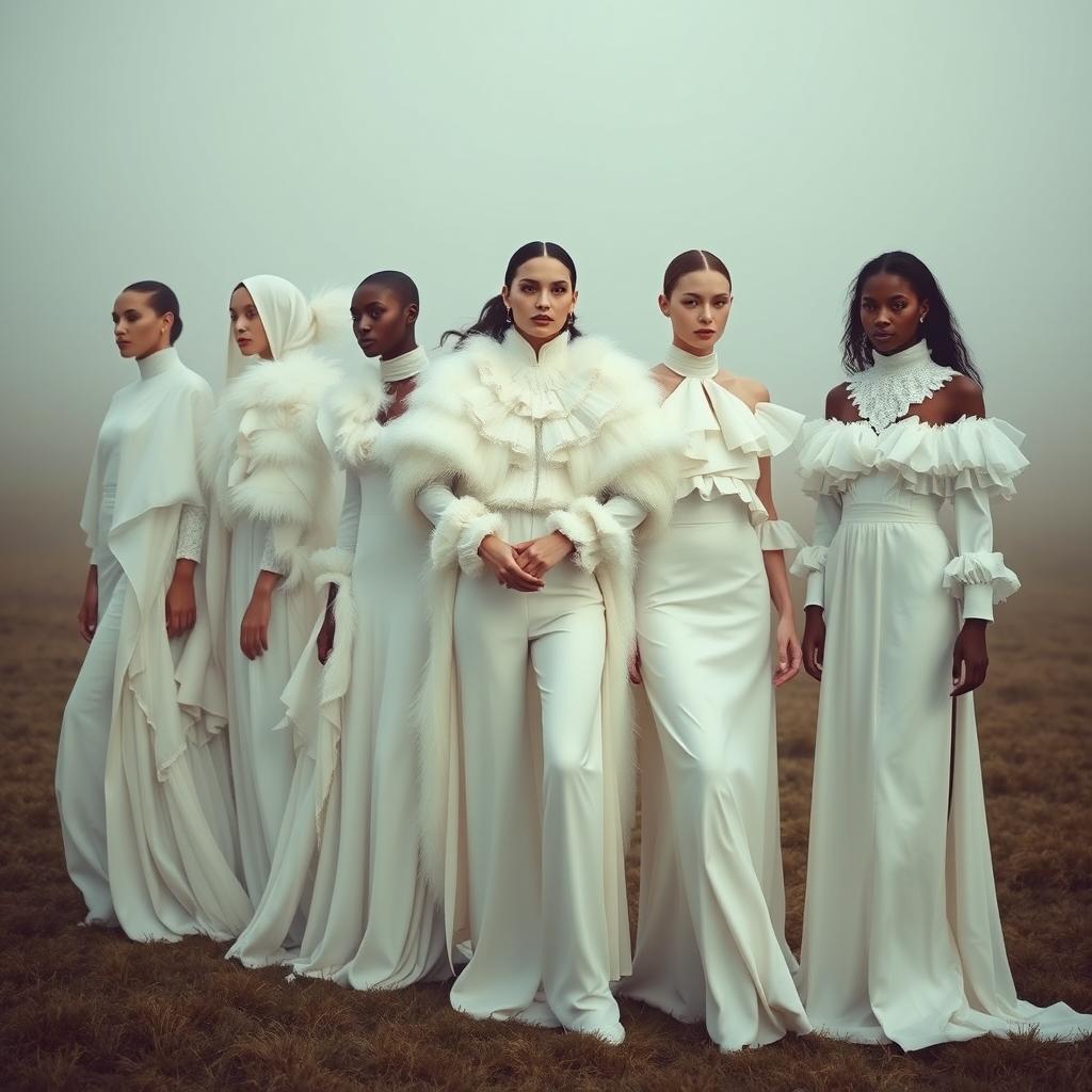 A group of models draped in flowing white couture, featuring layered silk garments, elegant feathered capes, and high-neck blouses adorned with soft ruffles