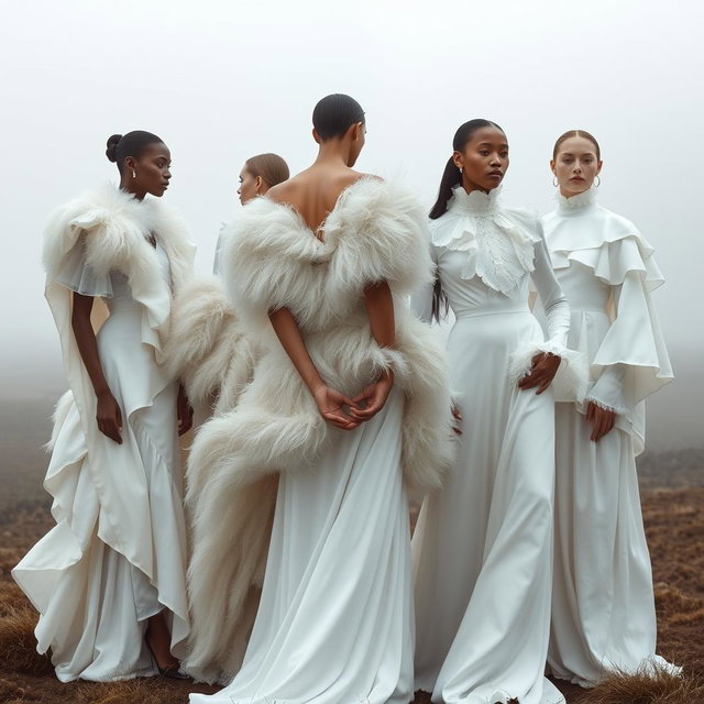 A group of models draped in flowing white couture, featuring layered silk garments, elegant feathered capes, and high-neck blouses adorned with soft ruffles
