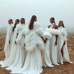 A group of models draped in flowing white couture, featuring layered silk garments, elegant feathered capes, and high-neck blouses adorned with soft ruffles