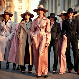 A group of models showcasing androgynous high-fashion styles, dressed in oversized pastel trench coats, avant-garde wide-brim hats, and sharp, tailored jumpsuits