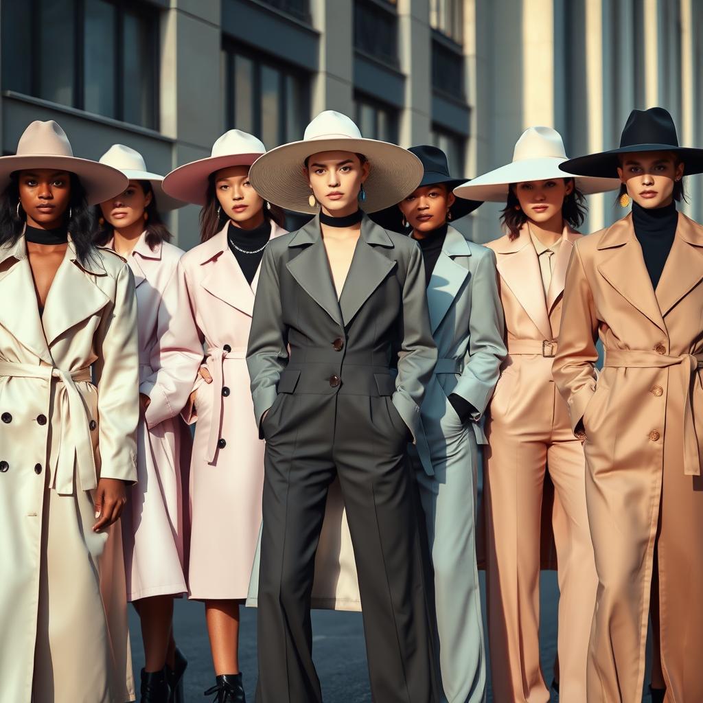 A group of models showcasing androgynous high-fashion styles, dressed in oversized pastel trench coats, avant-garde wide-brim hats, and sharp, tailored jumpsuits