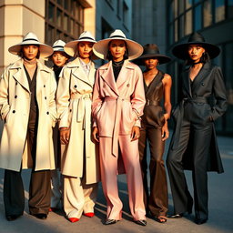 A group of models showcasing androgynous high-fashion styles, dressed in oversized pastel trench coats, avant-garde wide-brim hats, and sharp, tailored jumpsuits