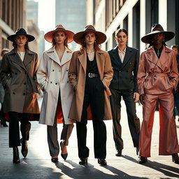 A group of models showcasing androgynous high-fashion styles, dressed in oversized pastel trench coats, avant-garde wide-brim hats, and sharp, tailored jumpsuits