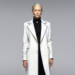 A faceless senior model dressed in a long, sharply tailored white overcoat accented with black piping, layered over a fitted high-neck black blouse and wide-leg trousers
