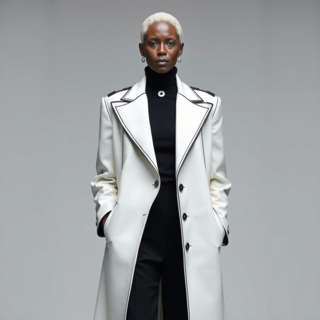 A faceless senior model dressed in a long, sharply tailored white overcoat accented with black piping, layered over a fitted high-neck black blouse and wide-leg trousers