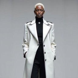 A faceless senior model dressed in a long, sharply tailored white overcoat accented with black piping, layered over a fitted high-neck black blouse and wide-leg trousers