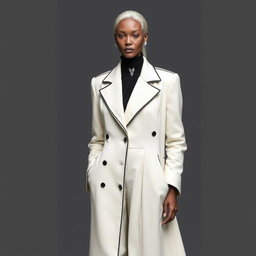 A faceless senior model dressed in a long, sharply tailored white overcoat accented with black piping, layered over a fitted high-neck black blouse and wide-leg trousers