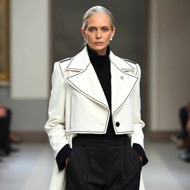 A faceless senior model dressed in a long, sharply tailored white overcoat accented with black piping, layered over a fitted high-neck black blouse and wide-leg trousers