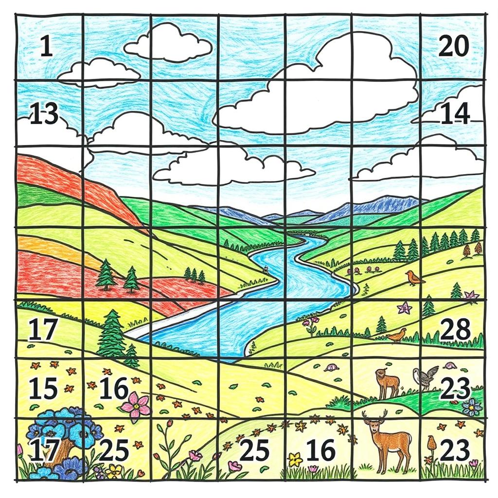 A detailed drawing showing a scenic landscape divided into square grids