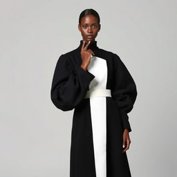 A faceless senior female model showcasing architectural couture in an avant-garde black coat dress characterized by voluminous, sculptural sleeves that taper into fitted cuffs