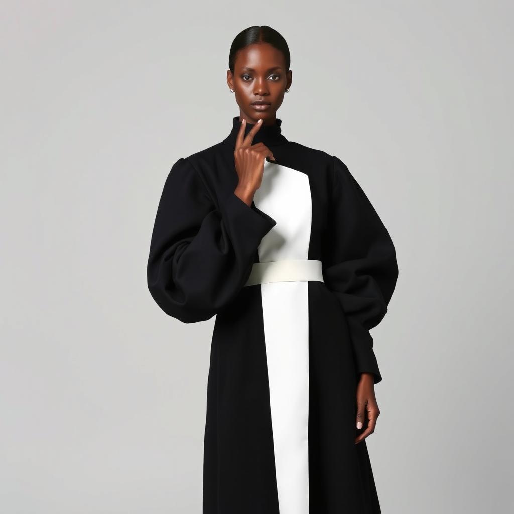 A faceless senior female model showcasing architectural couture in an avant-garde black coat dress characterized by voluminous, sculptural sleeves that taper into fitted cuffs