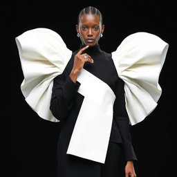 A faceless senior female model showcasing architectural couture in an avant-garde black coat dress characterized by voluminous, sculptural sleeves that taper into fitted cuffs