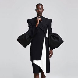 A faceless senior female model showcasing architectural couture in an avant-garde black coat dress characterized by voluminous, sculptural sleeves that taper into fitted cuffs