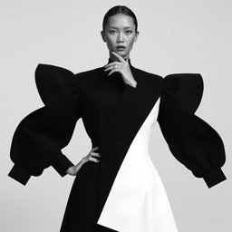 A faceless senior female model showcasing architectural couture in an avant-garde black coat dress characterized by voluminous, sculptural sleeves that taper into fitted cuffs