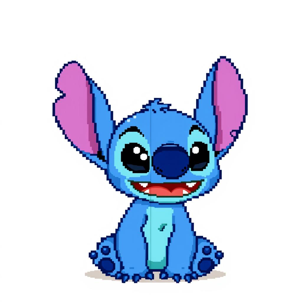 A pixel art style drawing of Stitch, the beloved character from Lilo & Stitch, shown in a 32x32 grid format