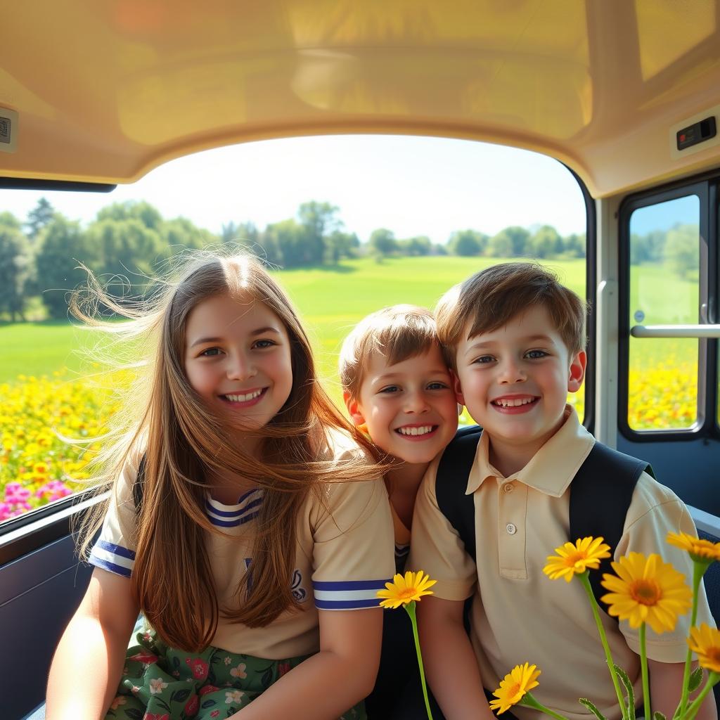 A scenic view of a girl and a boy happily riding together in a school bus