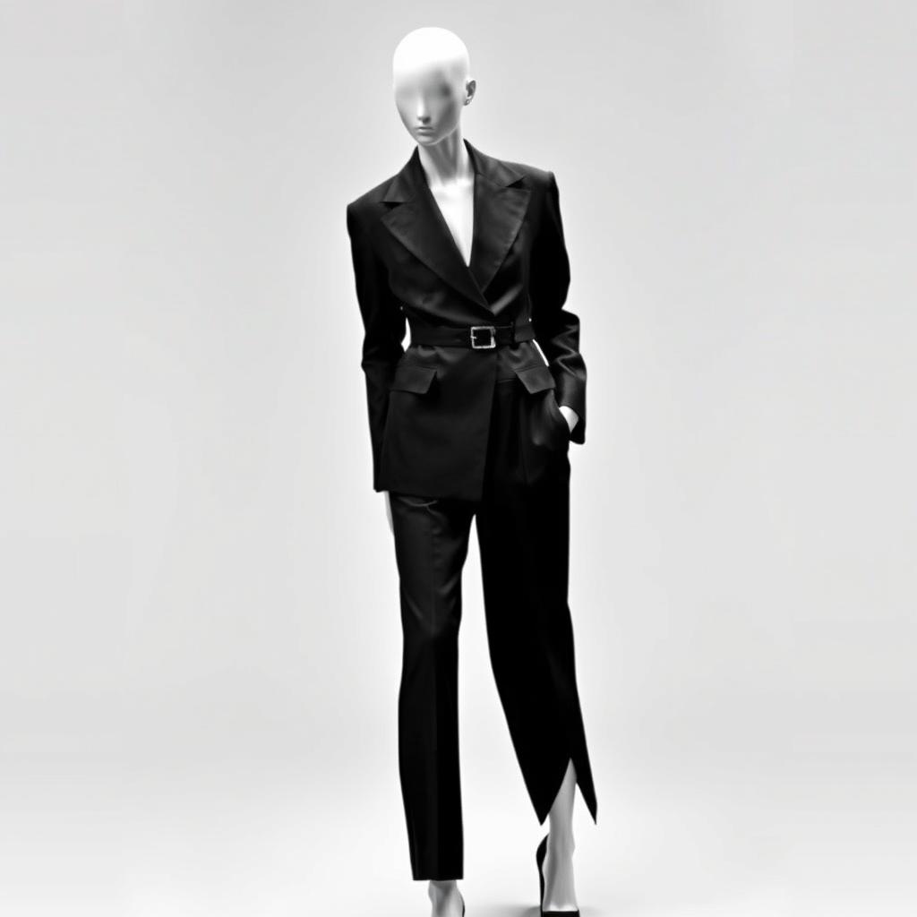 A faceless androgynous model wearing a deconstructed black-and-white suit, featuring an oversized structured blazer and asymmetrically cropped trousers