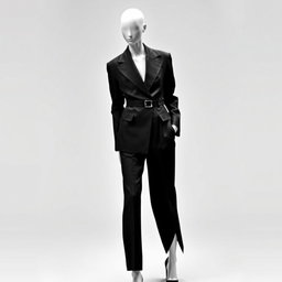 A faceless androgynous model wearing a deconstructed black-and-white suit, featuring an oversized structured blazer and asymmetrically cropped trousers