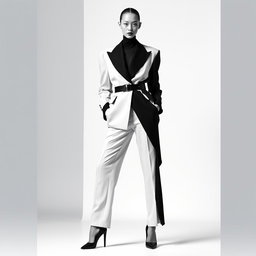 A faceless androgynous model wearing a deconstructed black-and-white suit, featuring an oversized structured blazer and asymmetrically cropped trousers