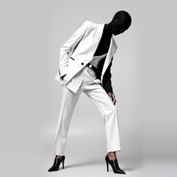 A faceless androgynous model wearing a deconstructed black-and-white suit, featuring an oversized structured blazer and asymmetrically cropped trousers