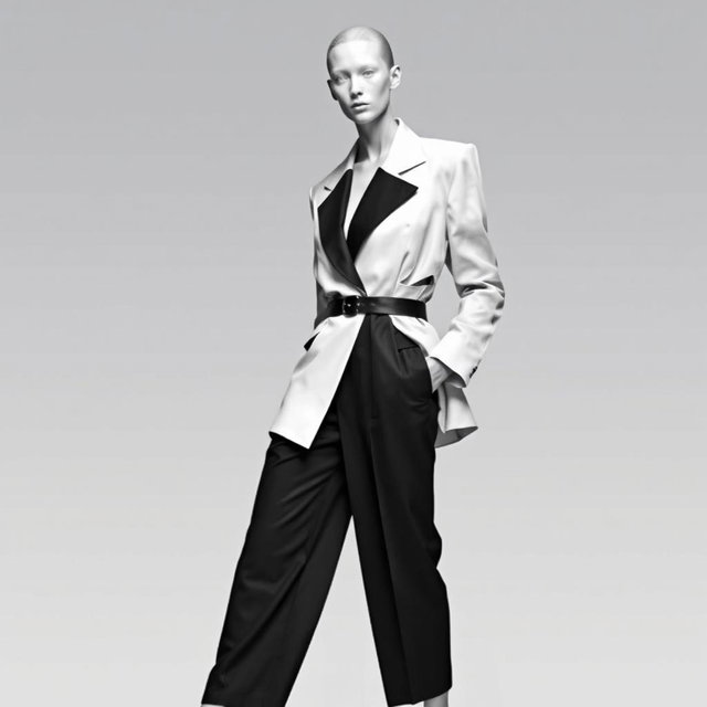 A faceless androgynous model wearing a deconstructed black-and-white suit, featuring an oversized structured blazer and asymmetrically cropped trousers