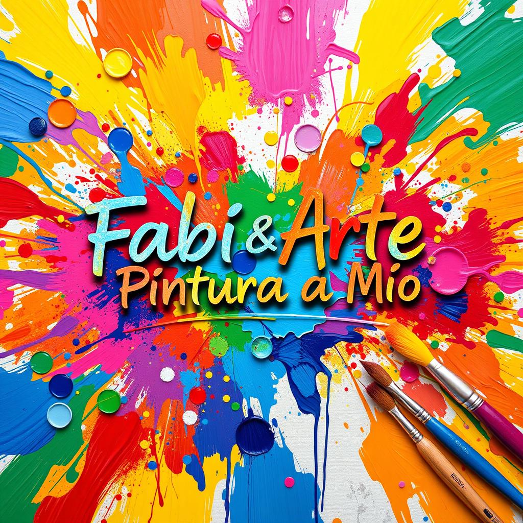 An artistic representation featuring the phrase 'Fabi&Arte Pintura à Mão' beautifully integrated into a vibrant background, showcasing colorful paint splashes and brush strokes that evoke the essence of hand-painted artistry