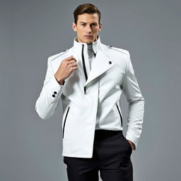 A faceless male model wearing a high-collared white jacket featuring exaggerated shoulders and an asymmetrical zipper, paired with tapered black trousers