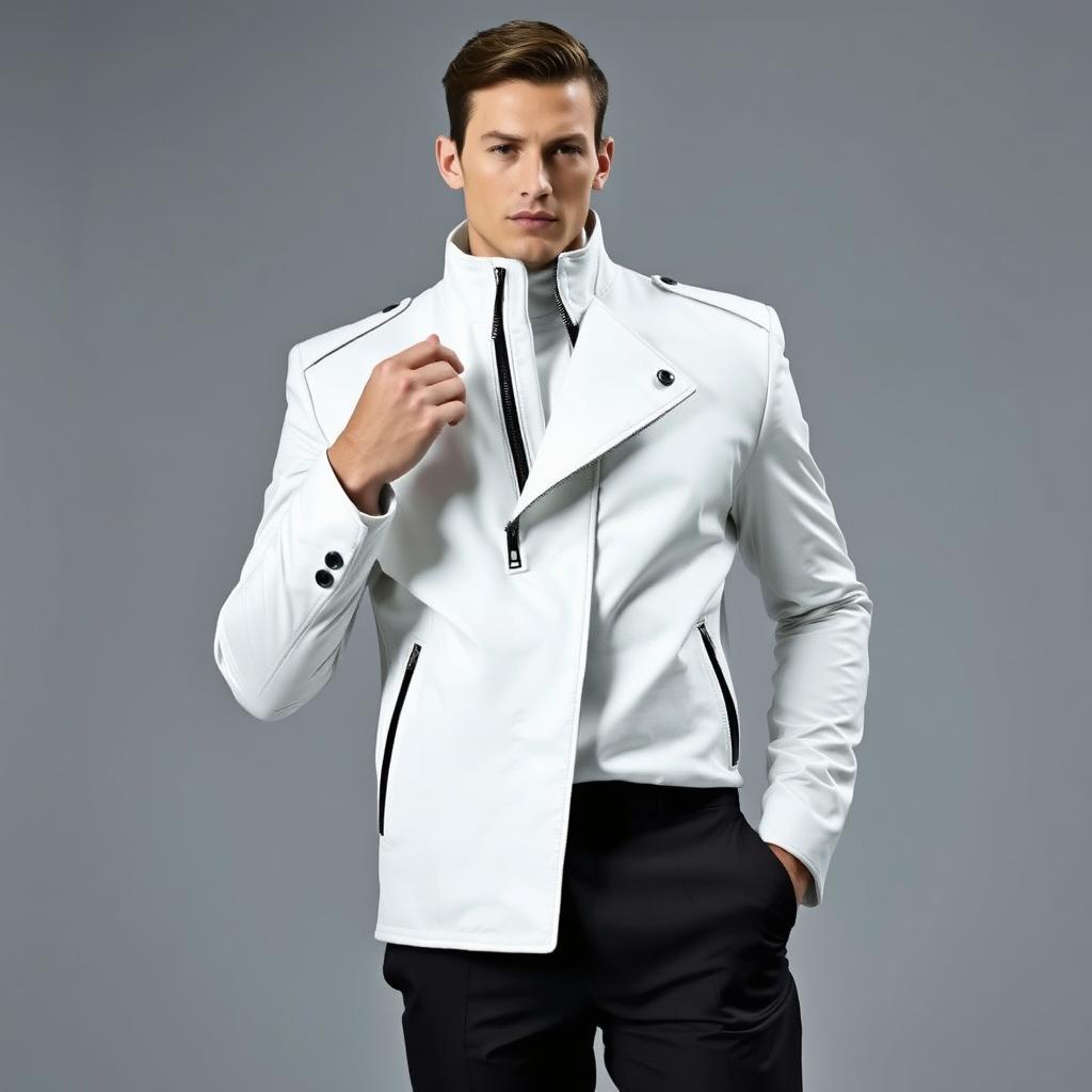A faceless male model wearing a high-collared white jacket featuring exaggerated shoulders and an asymmetrical zipper, paired with tapered black trousers