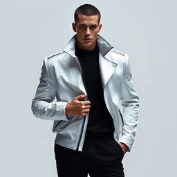 A faceless male model wearing a high-collared white jacket featuring exaggerated shoulders and an asymmetrical zipper, paired with tapered black trousers