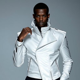 A faceless male model wearing a high-collared white jacket featuring exaggerated shoulders and an asymmetrical zipper, paired with tapered black trousers