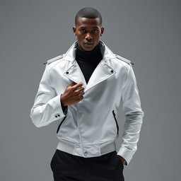 A faceless male model wearing a high-collared white jacket featuring exaggerated shoulders and an asymmetrical zipper, paired with tapered black trousers