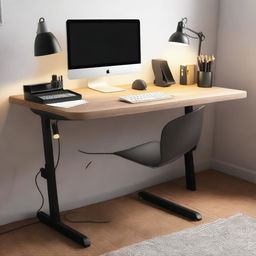 An organized work desk with dark-toned furniture, featuring a black office chair, monitor, keyboard and mouse, with some stationery items under the dim desk lamp.